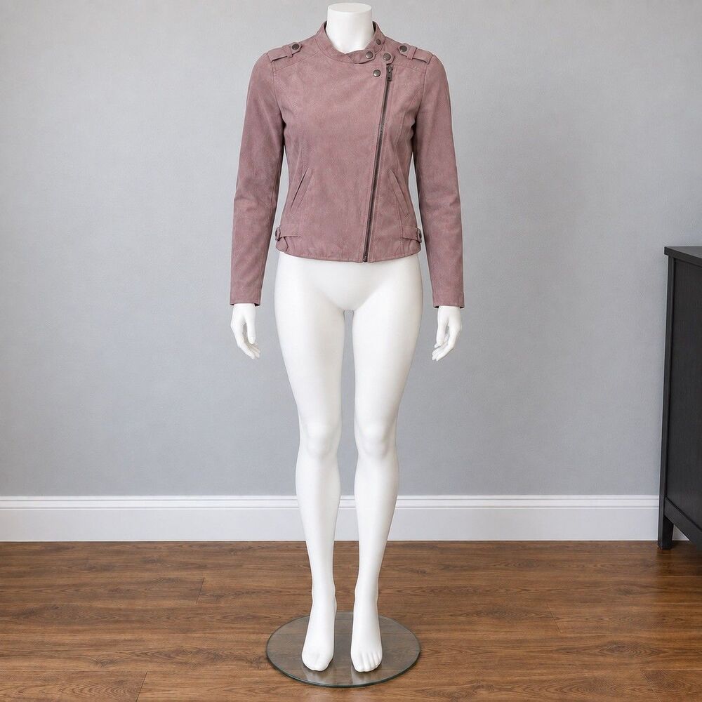 Staccato Womens M Mauve Moto Jacket Asymmetrical Zip Biker Epaulet Lined